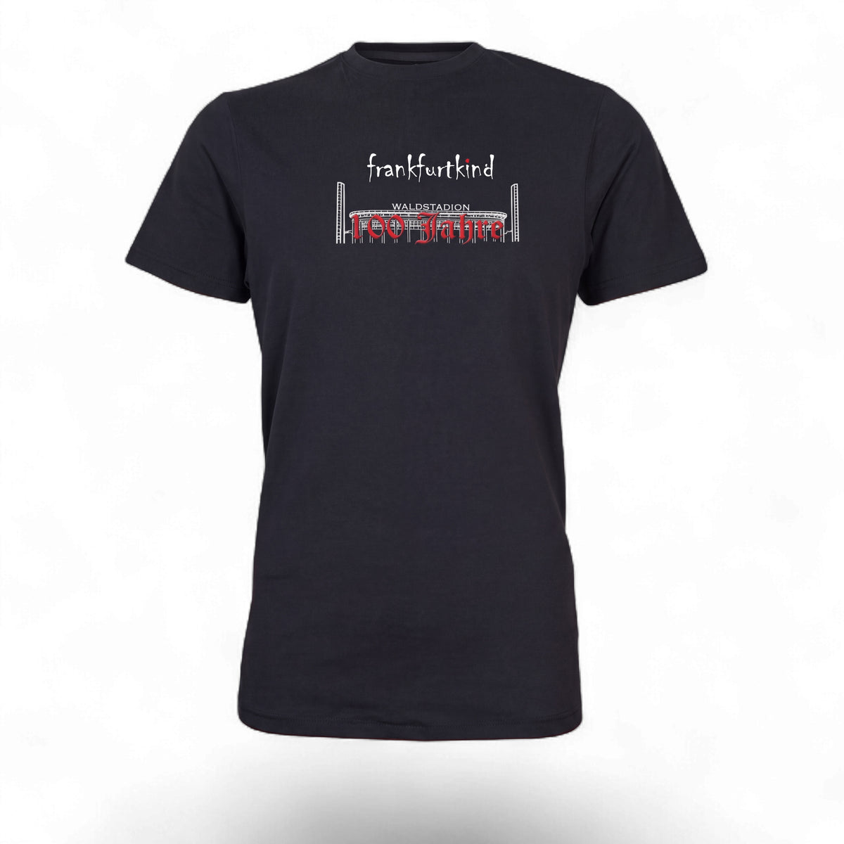 Schwarzes 100 Jahre Waldstadion Frankfurt T-Shirt von frankfurtkind mit Frontprint.
