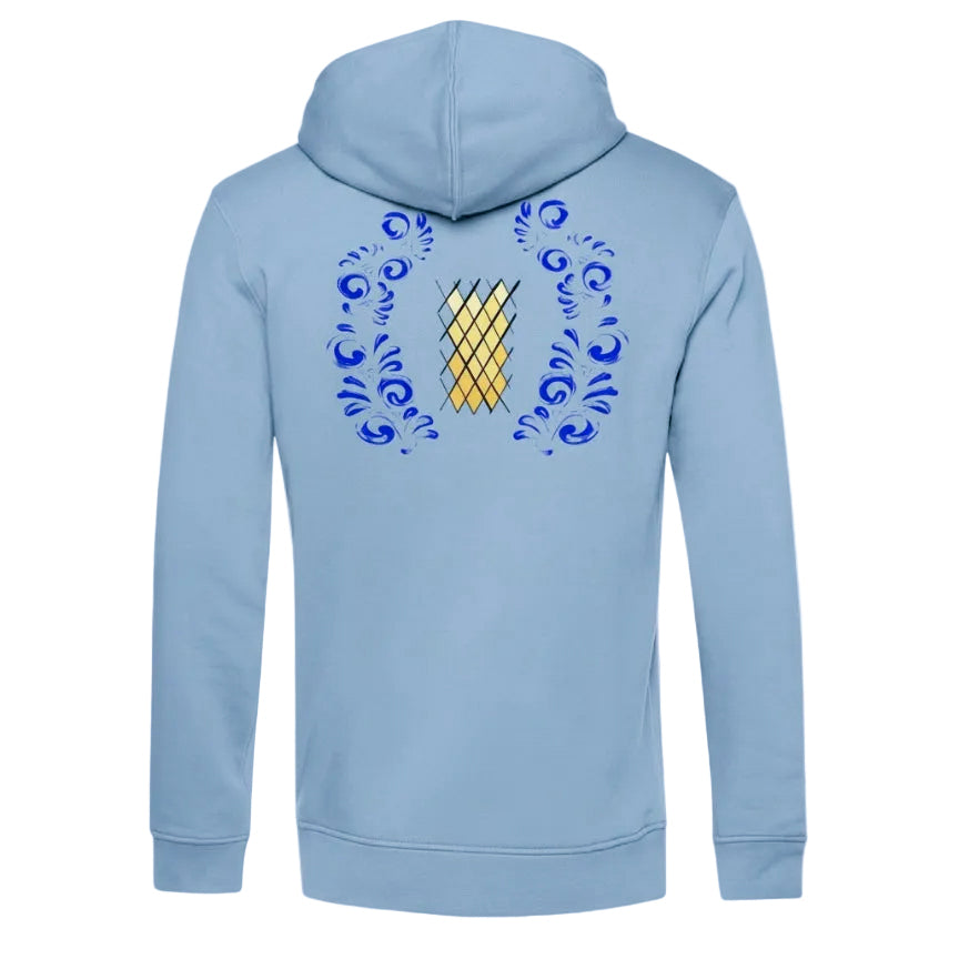 Fog-Blue Farbener Bembel und Geripptes Frankfurt Organic Hoodie von frankfurtkind mit Rückenprint.