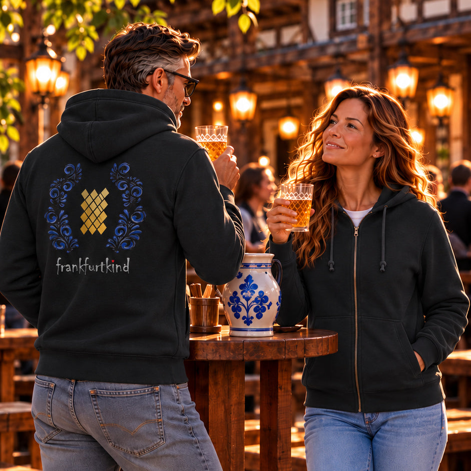 Asphalt Farbener Bembel und Geripptes Frankfurt organic ZIP Hoodie von frankfurtkind mit Rückenprint, getragen von einem weiblichen und einem männlichen Model.