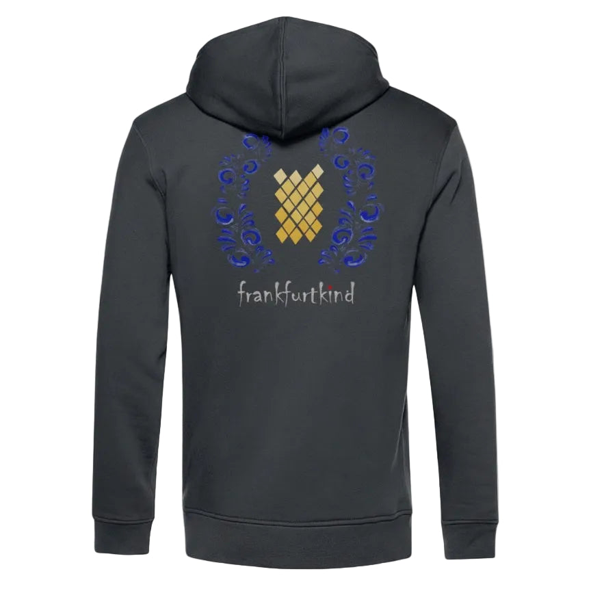Asphalt Farbener Bembel und Geripptes Frankfurt organic ZIP Hoodie von frankfurtkind mit Rückenprint.
