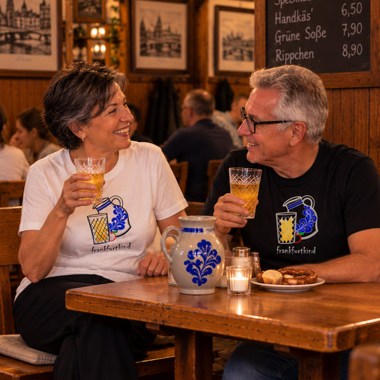 Weißes und schwarzes Bembel Frankfurt T-Shirt von frankfurtkind mit Frontprint, getragen von einem weiblichen und einem männlichen Model.