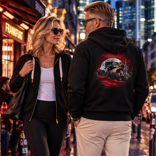 Schwarzer Eagle FFM Frankfurt ZIP Hoodie von frankfurtkind mit Rückenprint, getragen von einem weiblichen und einem  männlichen Model.