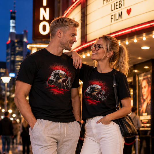 Schwarzes Eagle FFM Frankfurt T-Shirt von frankfurtkind mit Frontprint, getragen von einem weiblichen und einem männlichen Model.
