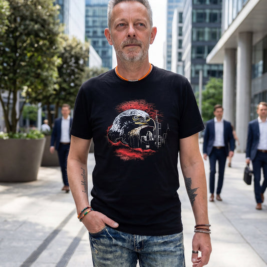 Schwarzes Eagle FFM Frankfurt T-Shirt von frankfurtkind mit Frontprint, getragen von einem männlichen Model.