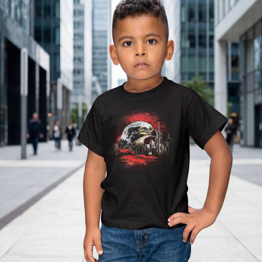 Schwarzes Eagle Frankfurt Kids T-Shirt von frankfurtkind mit Frontprint, getragen von einem Kind.
