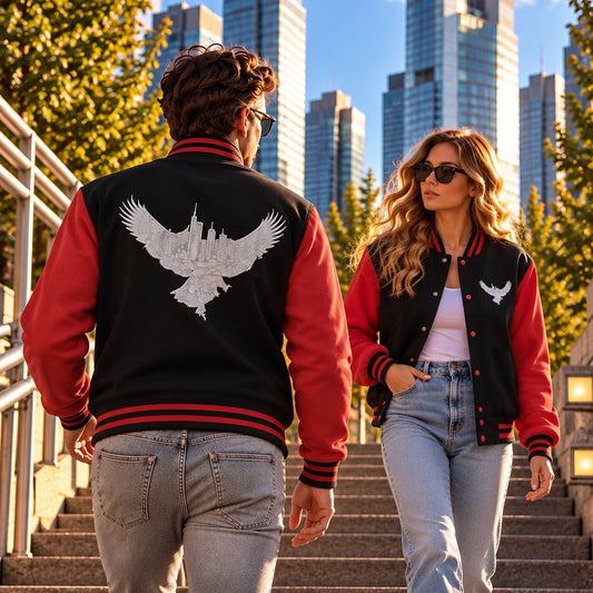 Schwarz-Rote Eagle-Skyline Frankfurt College Jacke von frankfurtkind mit Front- und Rückenprint, getragen von einem weiblichen und einem männlichen Model.