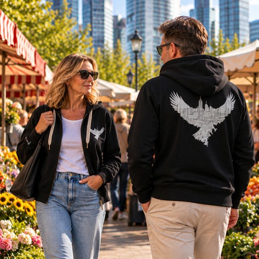 chwarzer Eagle Skyline Frankfurt ZIP Hoodie von frankfurtkind mit Front- und Rückenprint, getragen von einem weiblichen und einem männlichen Model.