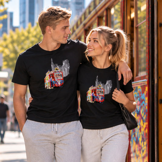 Schwarzes Ebbel-Ex Frankfurt T-Shirt von frankfurtkind mit Frontprint, getragen von einem weiblichen und einem männlichen Model.