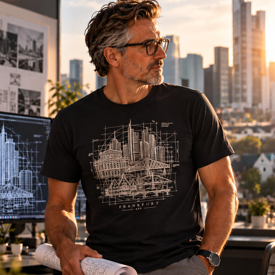 Schwarzes FFM Architekt Frankfurt T-Shirt von frankfurtkind mit Frontprint, getragen von einem männlichen Model.