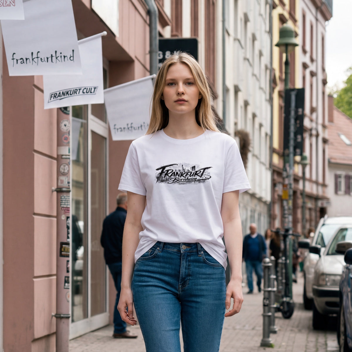 Weißes Frankfurt Bornheim Frankfurt Damen T-Shirt von frankfurtkind mit Frontprint, getragen von einem weiblichen Model.