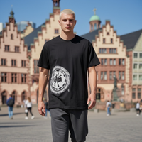 Schwarzes Frankfurter Deckel Frankfurt T-Shirt von frankfurtkind mit Frontprint, getragen von einem männlichen Model.