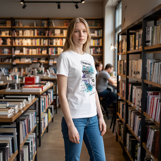 Weißes Freudvoll Frankfurt Damen T-Shirt von frankfurtkind mit Frontprint, getragen von einem weiblichen Model.