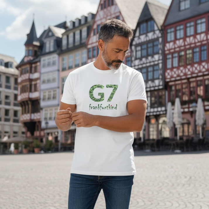 weißes G7 Frankfurt T-Shirt von frankfurtkind mit Frontprint, getragen von einem männlichen Model.