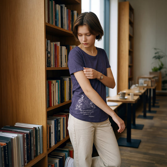 Navy Ganz ohne Worte Frankfurt Damen T-Shirt von frankfurtkind mit Frontprint, getragen von einem weiblichen Model.