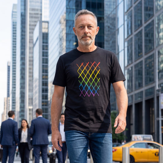 Schwarzes Regenbogen Geripptes Frankfurt T-Shirt von frankfurtkind mit Frontprint, getragen von einem männlichen Model.