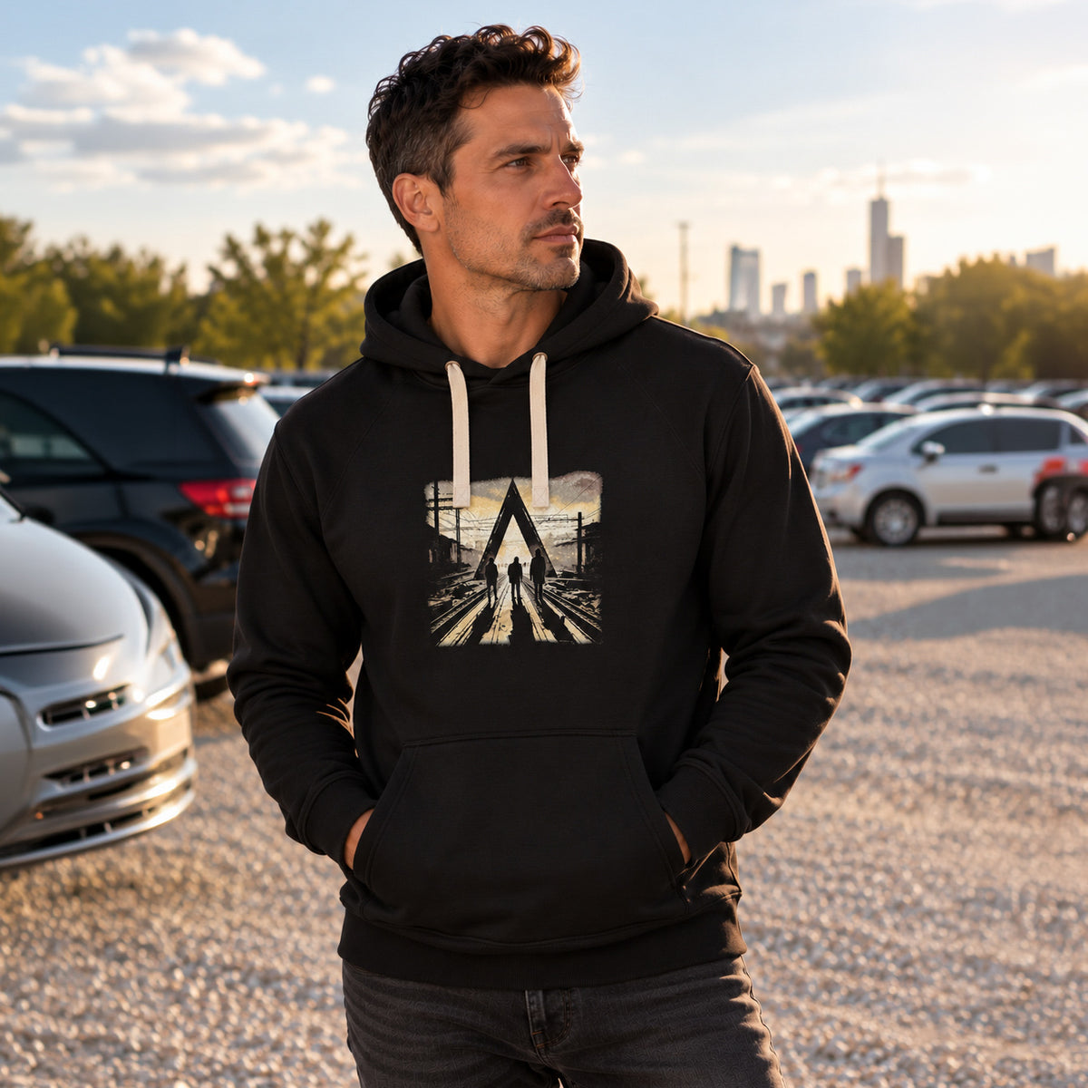 Schwarzer Gleisdreieck classic Hoodie Frontansicht von einem männlichen Model getragen.