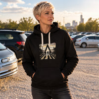 Schwarzer Gleisdreieck classic Hoodie Frontansicht von einem weiblichen Model getragen.
