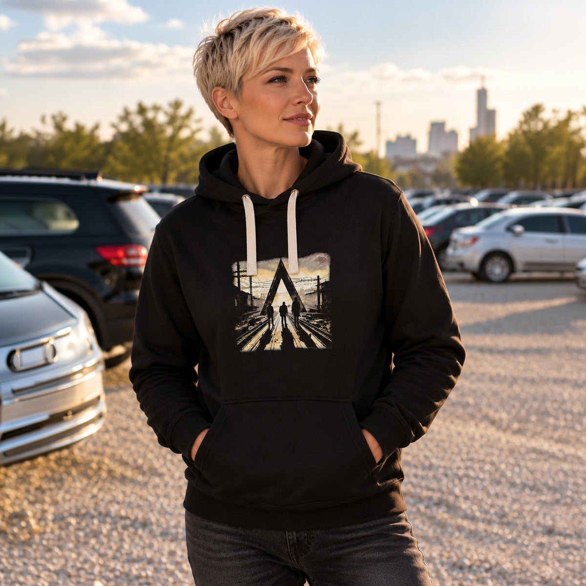 Schwarzer Gleisdreieck classic Hoodie Frontansicht von einem weiblichen Model getragen.