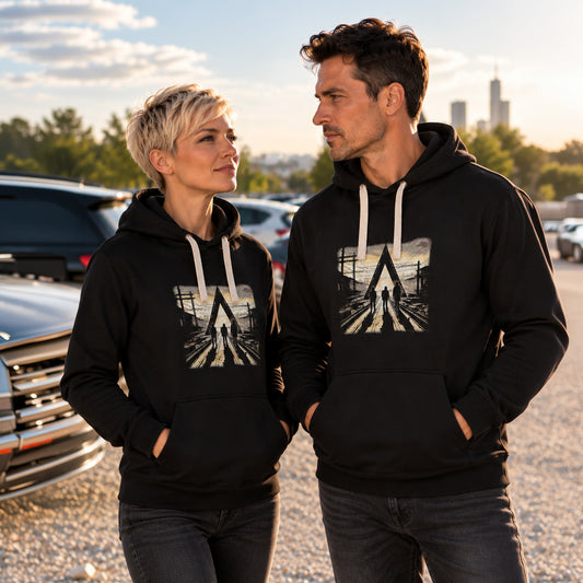Schwarzer Gleisdreieck classic Hoodie Frontansicht von einem weiblichen und einem männlichen Model getragen.