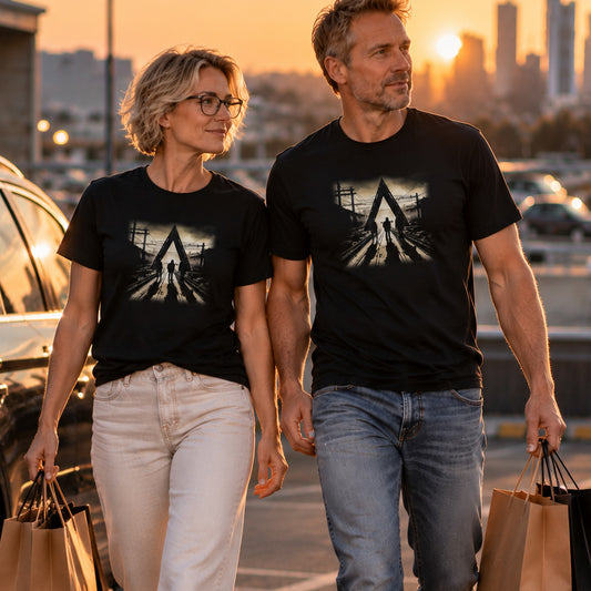 Schwarzes Gleisdreieck Frankfurt T-Shirt von frankfurtkind mit Frontprint, getragen von einem weiblichen und einem männlichen Model.