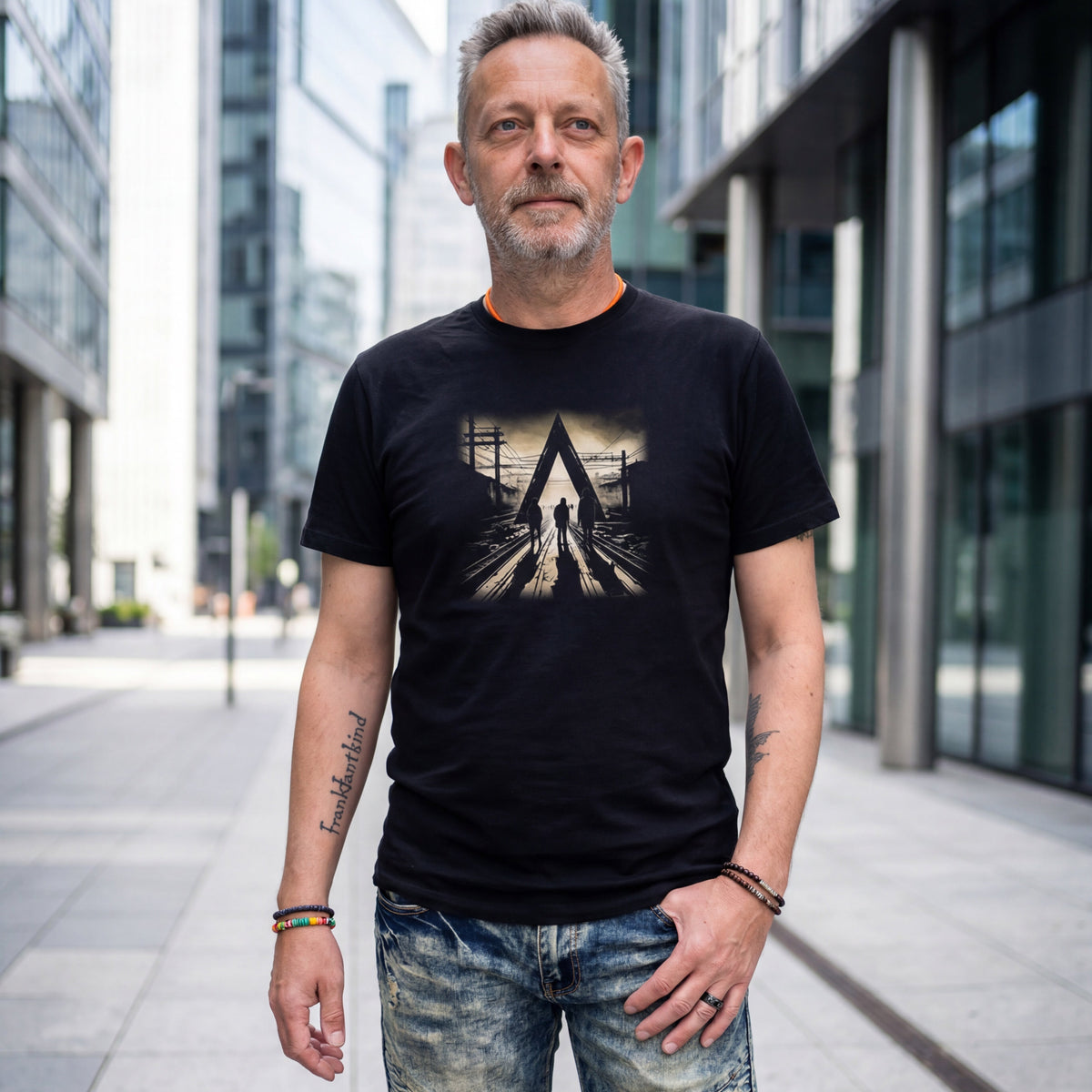 Schwarzes Gleisdreieck Frankfurt T-Shirt von frankfurtkind mit Frontprint, getragen von einem männlichen Model.
