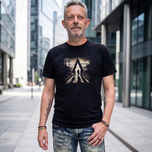 Schwarzes Gleisdreieck Frankfurt T-Shirt von frankfurtkind mit Frontprint, getragen von einem männlichen Model.