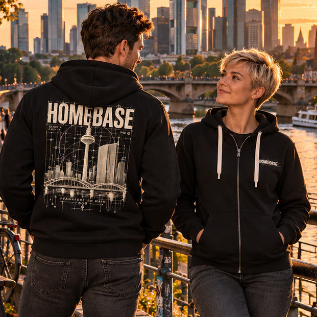 Schwarzer HOMEBASE ZIP Hoodie von frankfurtkind mit rückenansicht von einem weiblichen und einem männlichen Model getragen