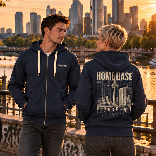 Dark-navy HOMEBASE ZIP Hoodie von frankfurtkind mit rückenansicht von einem weiblichen und einem männlichen Model getragen
