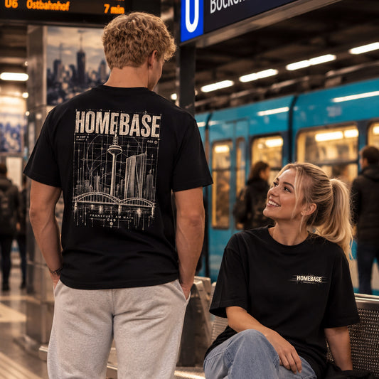 Schwarzes HOMEBASE Frankfurt T-Shirt von frankfurtkind mit HOMEBASE Rückenprint, getragen von einem weiblichen und einem männlichen Model.