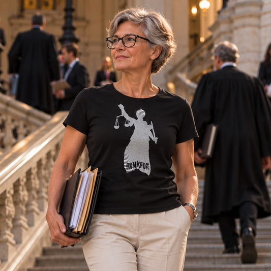 Schwarzes Justitia Frankfurt Damen T-Shirt von frankfurtkind mit Frontprint, getragen von einem weiblichen Model.