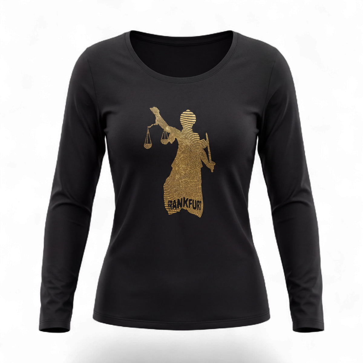 schwarzes Damen Longsleeve Shirt mit Gold Effekt Frontprint von frankfurtkind.
