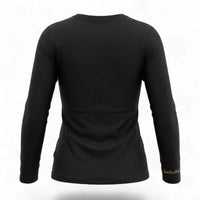schwarzes Damen Longsleeve Shirt mit kleinem frankfurtkind Print in Gold Effekt am rechten Ärmel.