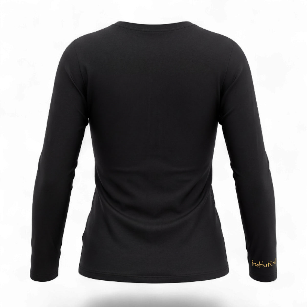 schwarzes Damen Longsleeve Shirt mit kleinem frankfurtkind Print in Gold Effekt am rechten Ärmel.