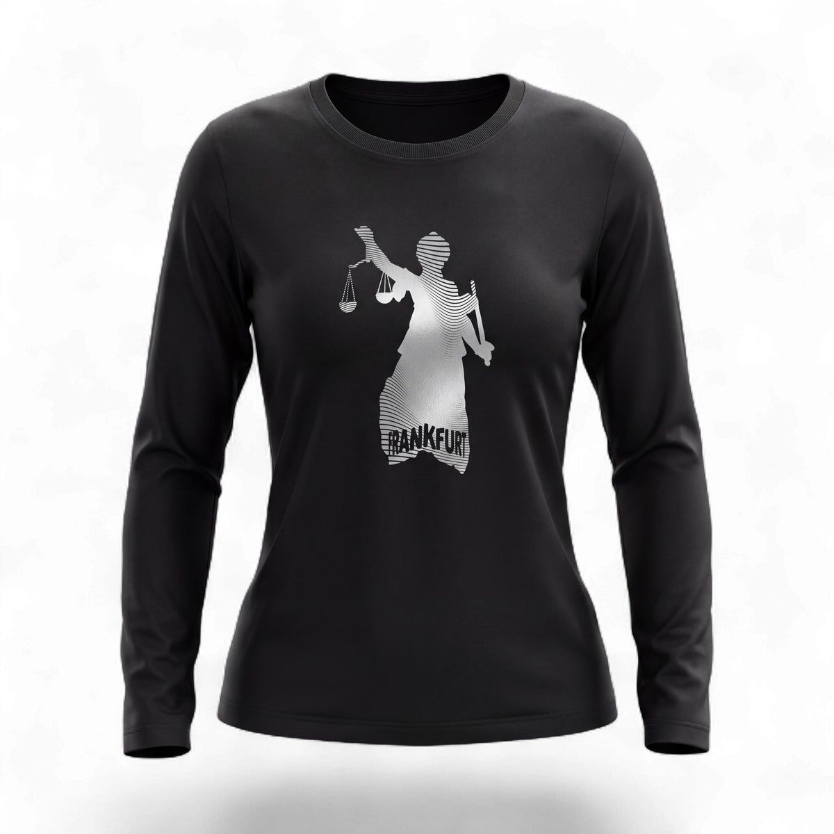 schwarzes Damen Longsleeve Shirt mit Silber Effekt Frontprint von frankfurtkind.