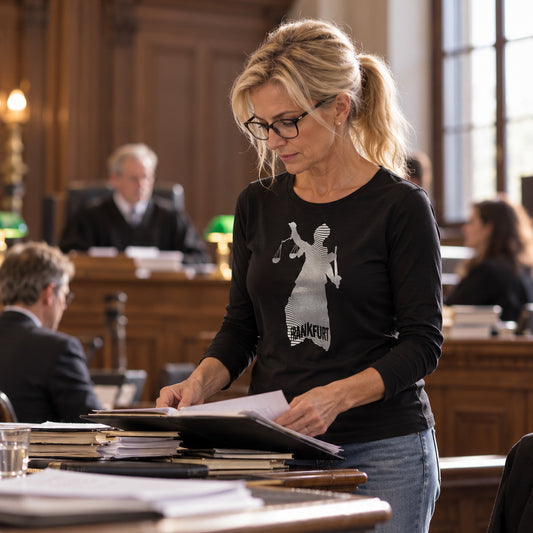 schwarzes Damen Longsleeve Shirt mit Silber Effekt Frontprint von frankfurtkind, getragen von einem weiblichen Model.