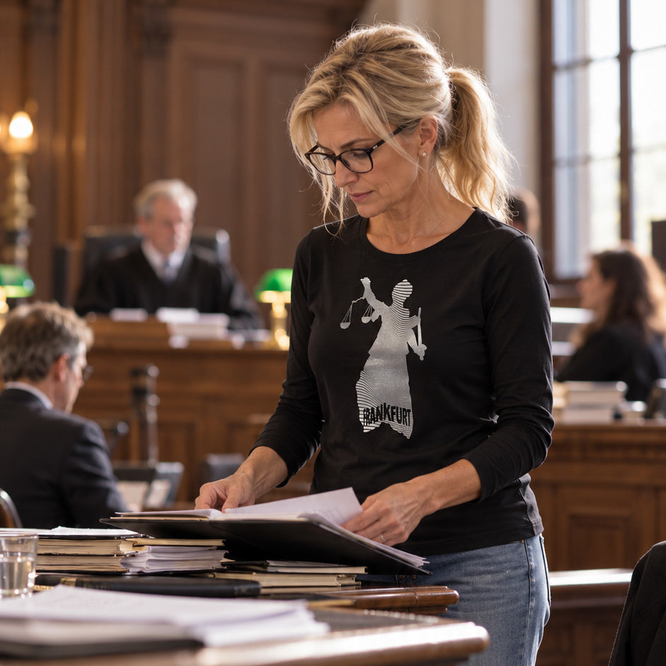 schwarzes Damen Longsleeve Shirt mit Silber Effekt Frontprint von frankfurtkind, getragen von einem weiblichen Model.