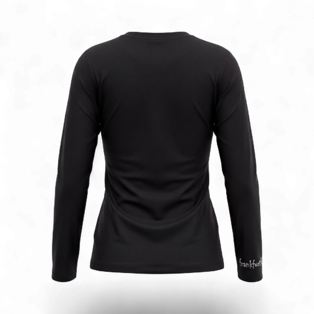 schwarzes Damen Longsleeve Shirt Rückenansicht mit kleinem Silber Effekt frankfurtkind Print am rechten Ärmel.