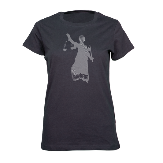 Schwarzes Justitia Frankfurt Damen T-Shirt von frankfurtkind mit Frontprint.