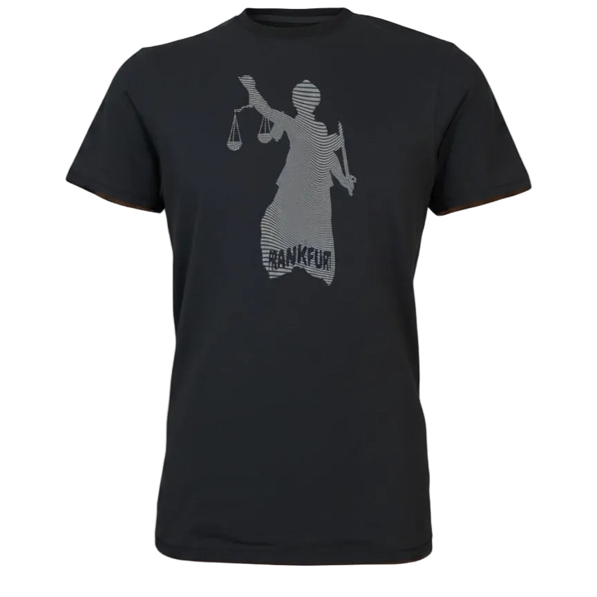 Schwarzes Justitia Frankfurt T-Shirt von frankfurtkind mit Frontprint.
