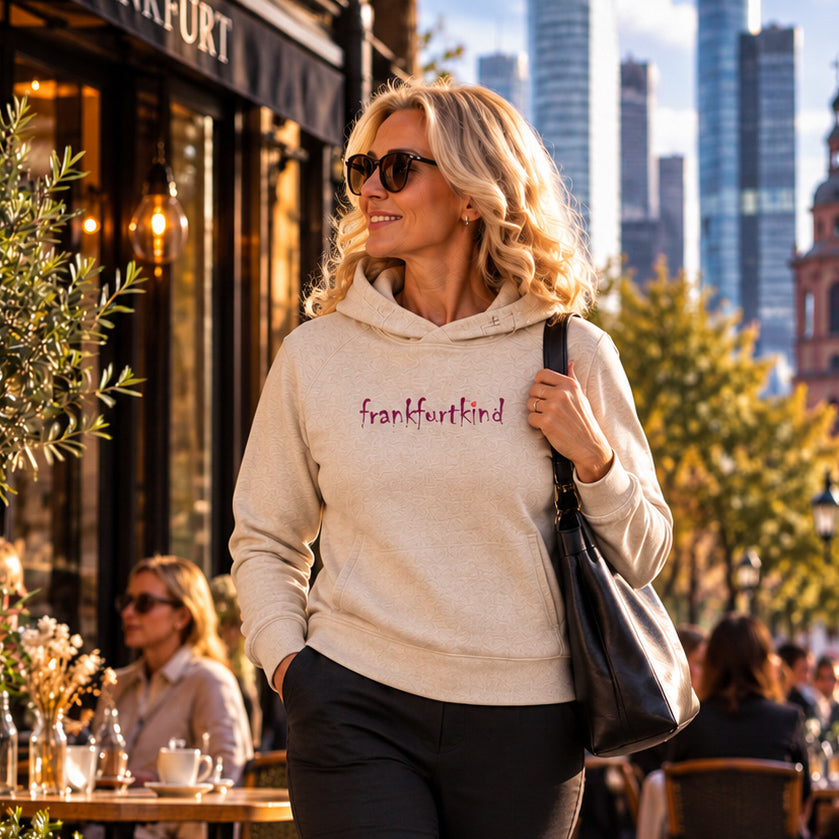 Creme Farbener frankfurtkind Frankfurt Media Hoodie von frankfurtkind mit Frontprint, getragen von einem weiblichen Model.