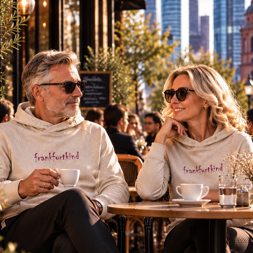 Creme Farbener frankfurtkind Frankfurt Media Hoodie von frankfurtkind mit Frontprint, getragen von einem weiblichen und einem männlichen Model.