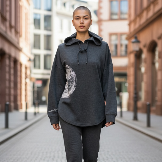 Schwarz-Melange Partnerstädte Frankfurt Damen oversized Hoodie von frankfurtkind mit Frontprint, getragen von einem weiblichen Model.
