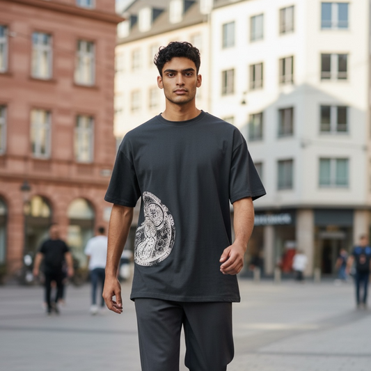 Schwarzes Partnerstädte Frankfurt T-Shirt von frankfurtkind mit Frontprint, getragen von einem männlichen Model.