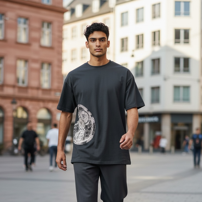 Schwarzes Partnerstädte Frankfurt T-Shirt von frankfurtkind mit Frontprint, getragen von einem männlichen Model.