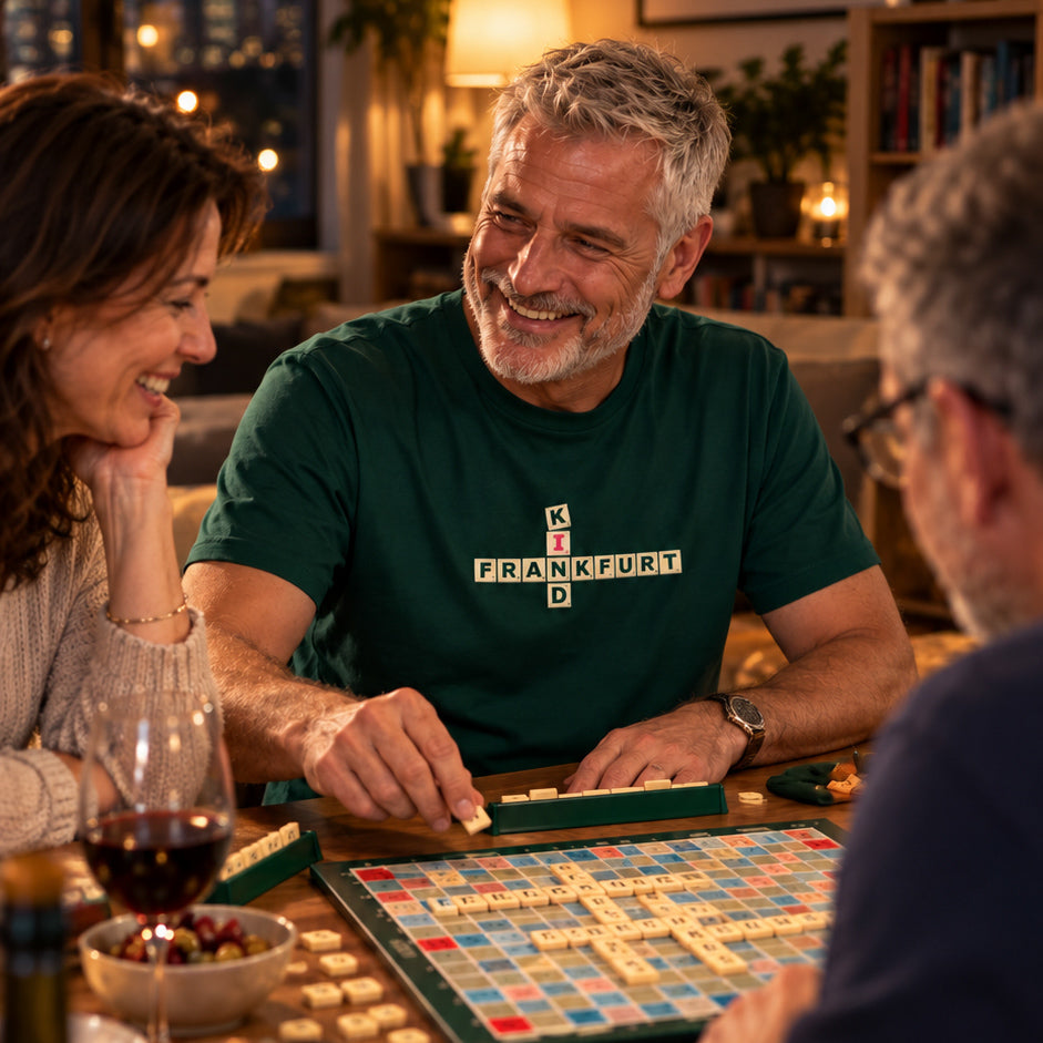 Waldgrünes Scrabble Frankfurt T-Shirt von frankfurtkind mit Frontprint, getragen von einem männlichen Model.