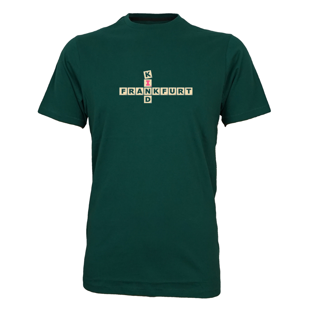 Waldgrünes Scrabble Frankfurt T-Shirt von frankfurtkind mit Frontprint.