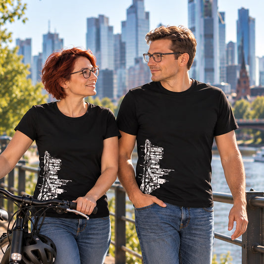 Schwarzes Big Skyline Frankfurt T-Shirt von frankfurtkind mit Seitenprint, getragen von einem weiblichen und einem männlichen Model.