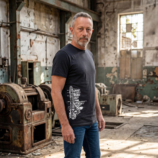 Schwarzes Big Skyline Frankfurt T-Shirt von frankfurtkind mit Seitenprint, getragen von einem männlichen Model.
