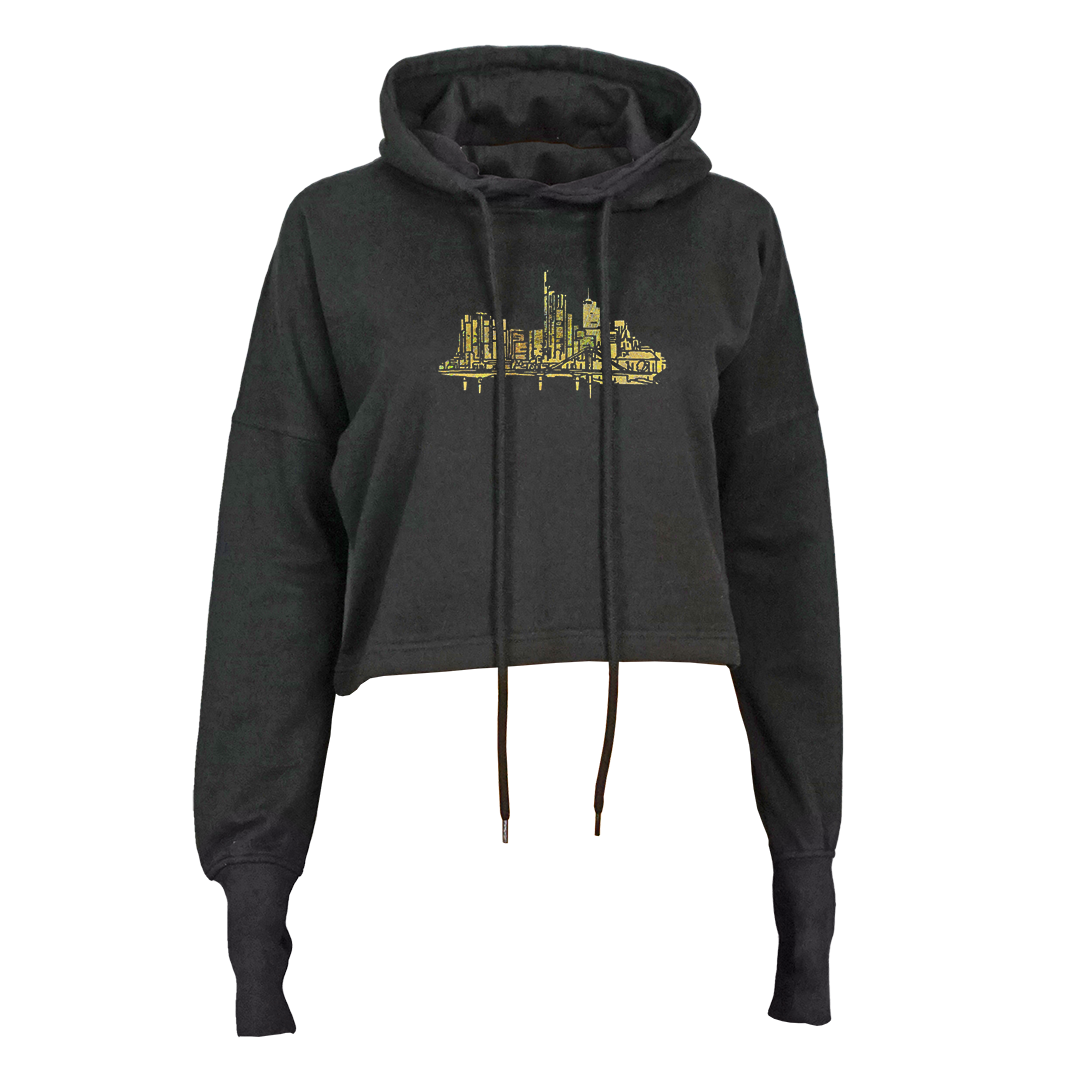 Schwarzer Skyline Gold Frankfurt cropped Hoodie von frankfurtkind mit Frontprint.