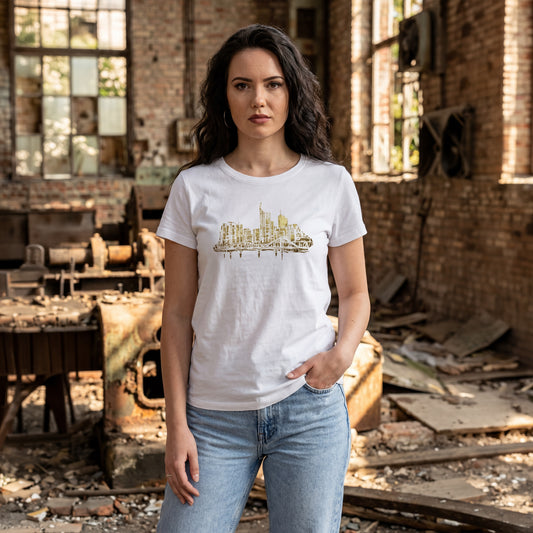 Weißes Skyline Gold Frankfurt Damen T-Shirt von frankfurtkind mit Frontprint, getragen von einem weiblichen Model.